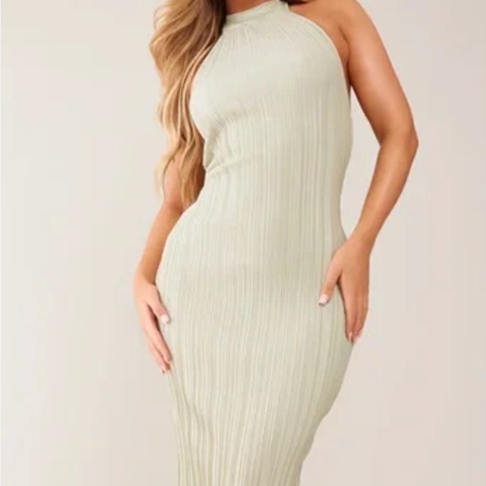 PLT- Pistachio Plisse High Neck Low Back Maxi Dress